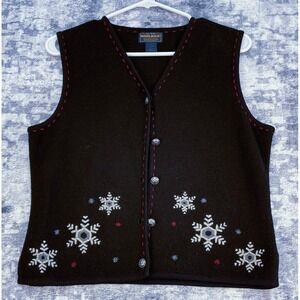 Woolrich Womens Vest Black Snowflake Embroidered V-Neck Button Front Size M